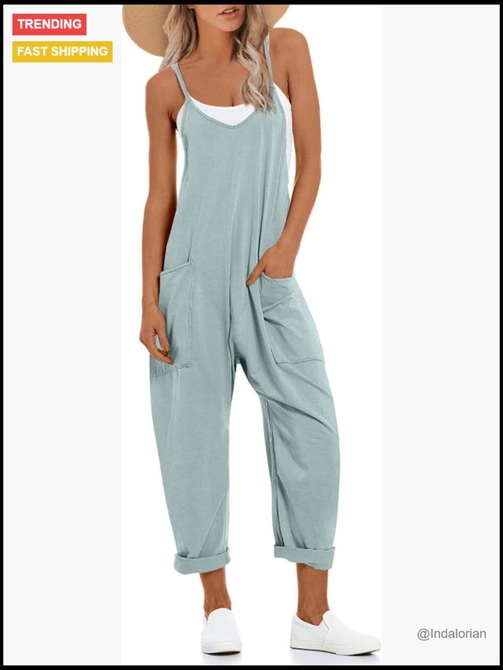Casual Jumpsuit with Adjustable Straps & Pockets, Wide Leg Romper for Women